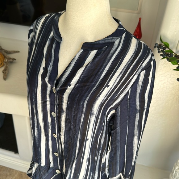 Habitat Navy Stripe Button Up 3/4” Blouse - Picture 3 of 9